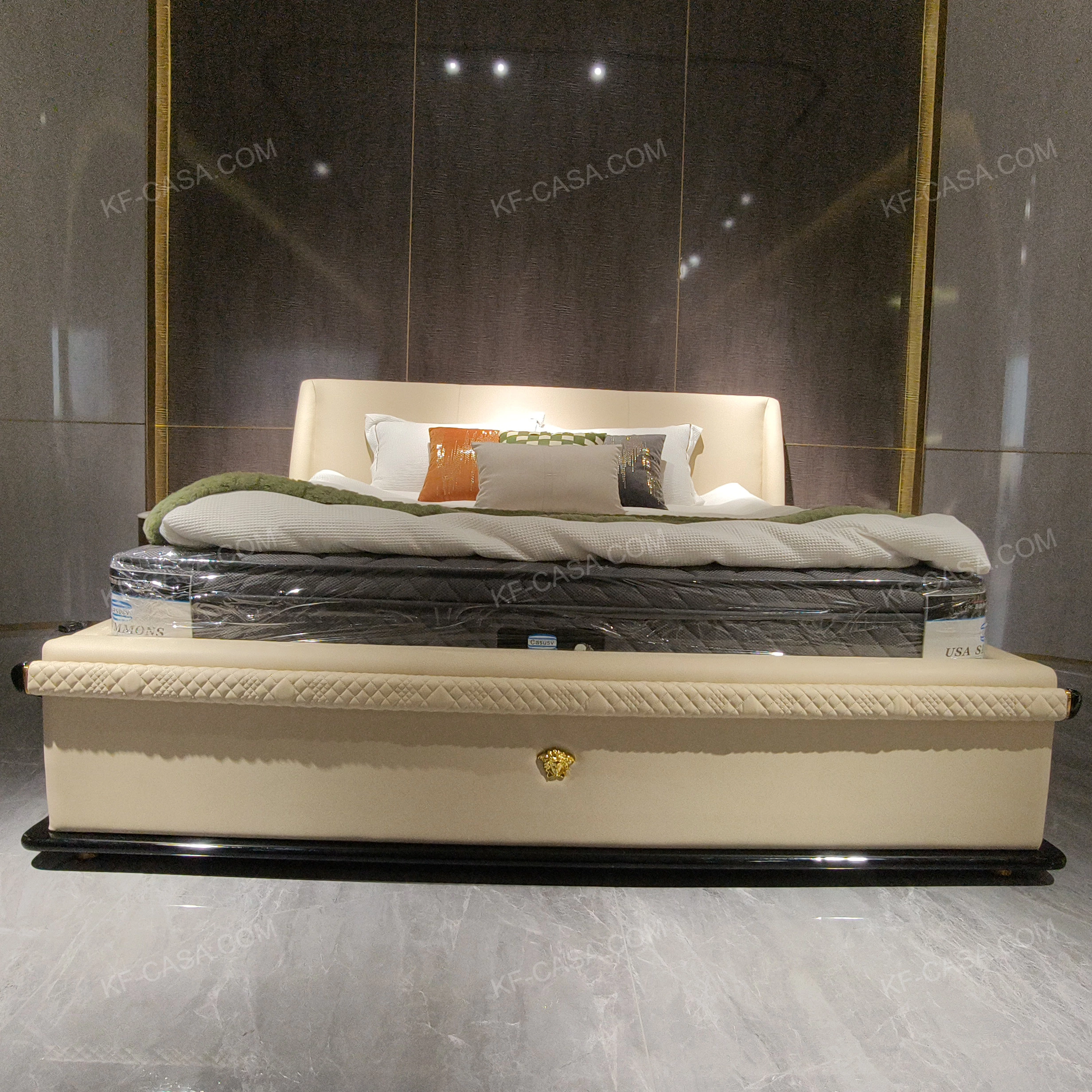 Creamy Ivory Upholstered Bed with Diamond-Quilted Detailing, Gilded Emblem & High-Gloss Natural Wood Veneer Trim